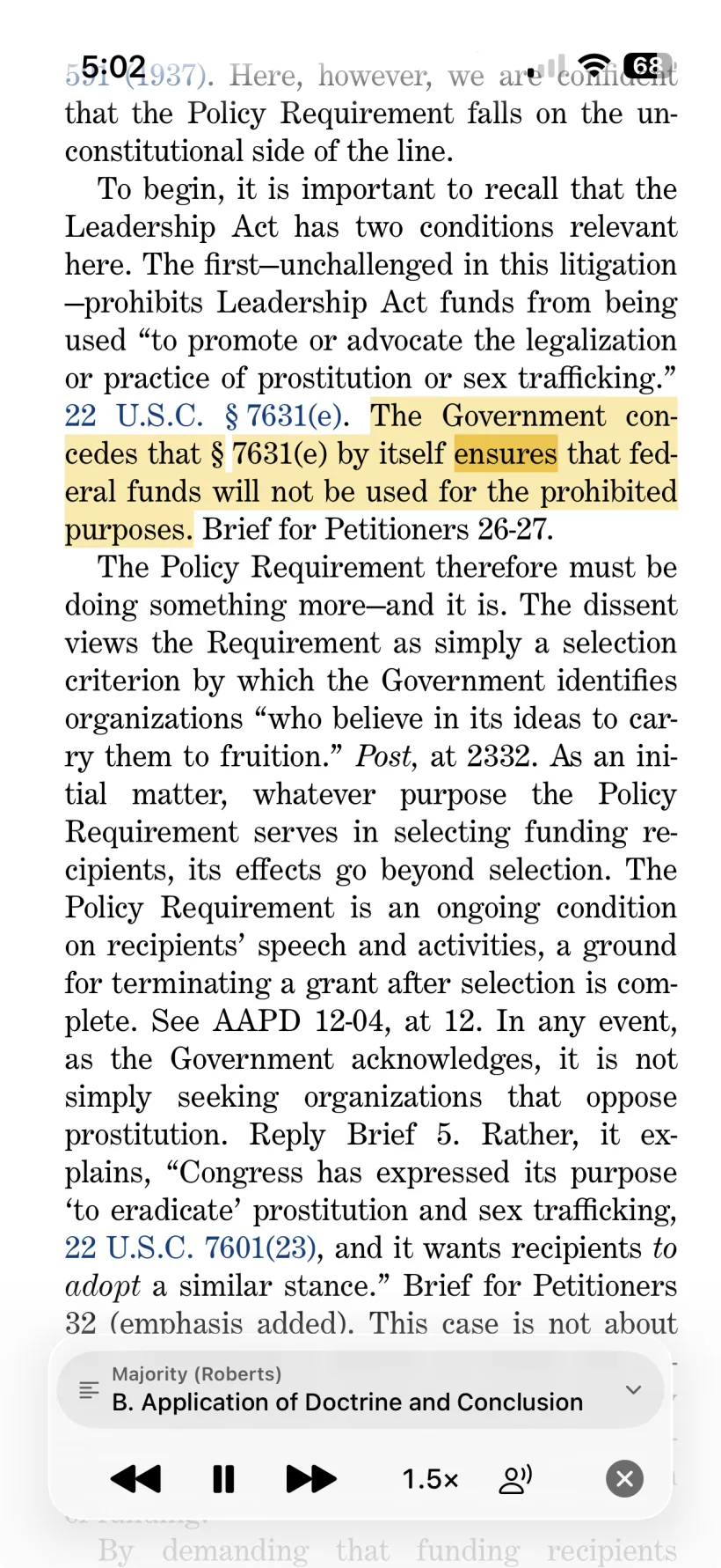 Case Viewer reading a Supreme Court opinion aloud on iPhone: the current sentence highlighted in yellow, with a floating player showing the section, transport controls, speed, and voice